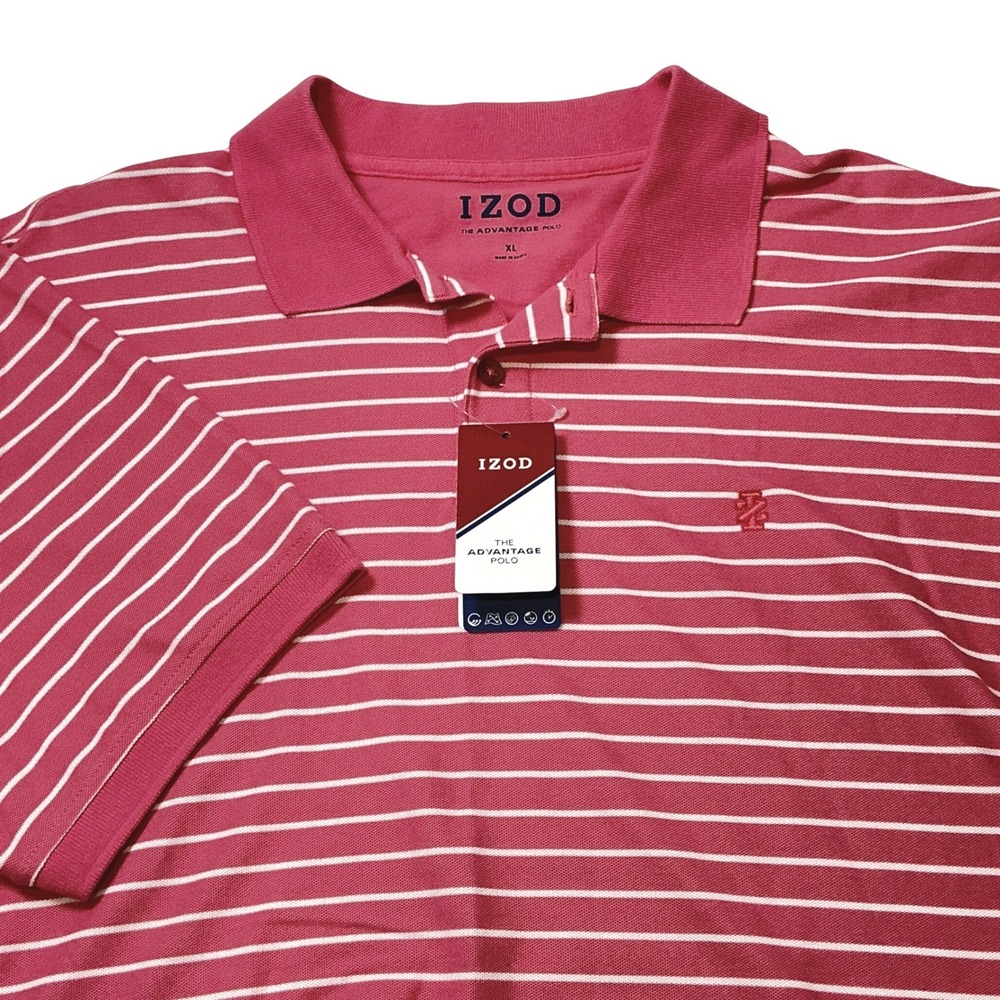 IZOD Mens‎ Advantage Polo Shirt XL Rose White Stripe Short Sleeve Golf Casual